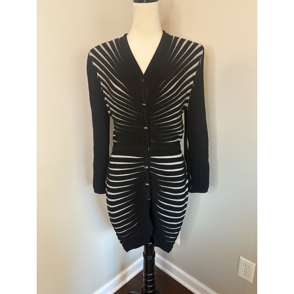 Medici Gill Harvey Sweater Dress 80s VTG Italy Black Beige Pleated Striped Sz 10